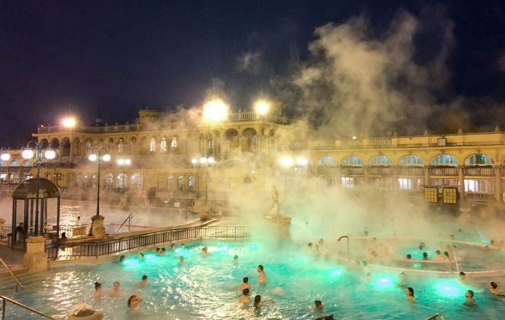 An outdoor Rudas Baths thermal spa at night time